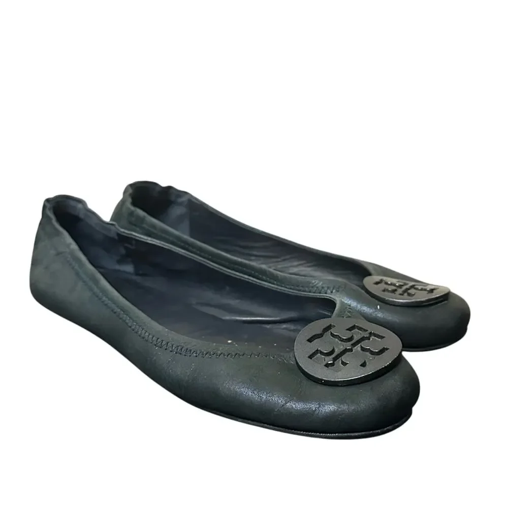 Tory Burch Minnie Travel Ballet Flat Soft Metal Metallic Shimmer Black Size 8.5